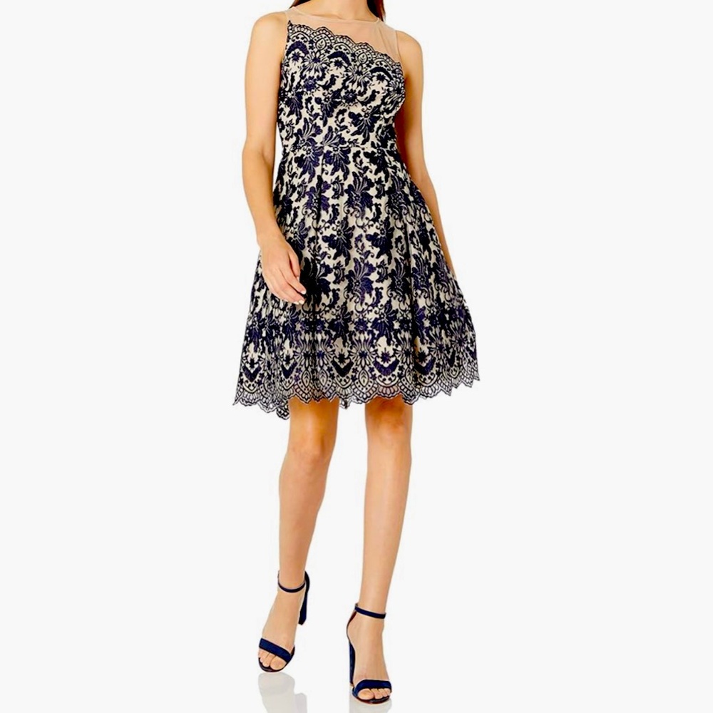 Navy guipure lace dress with illusion neckline size 6